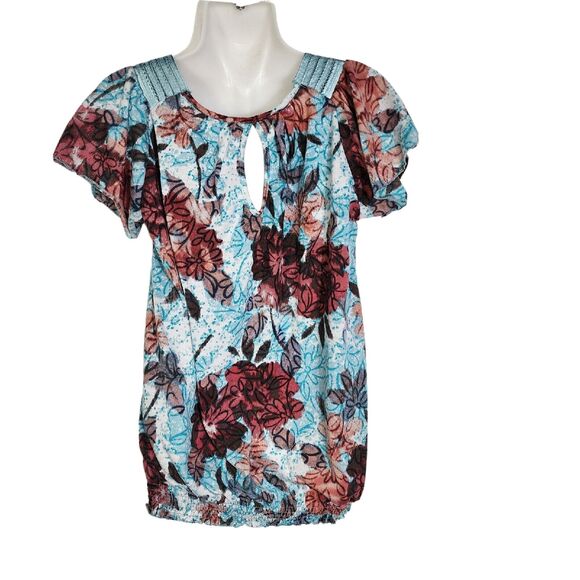 American Rag Cie Women Blouse Top Small Multi Floral Elastic Hem Pullover Keyhol - Picture 2 of 10